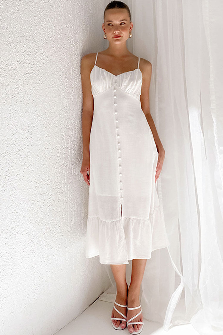 Sexy V Neck Button Down Summer Ruffle Linen Slip Midi Sundress - White - Fashionpara