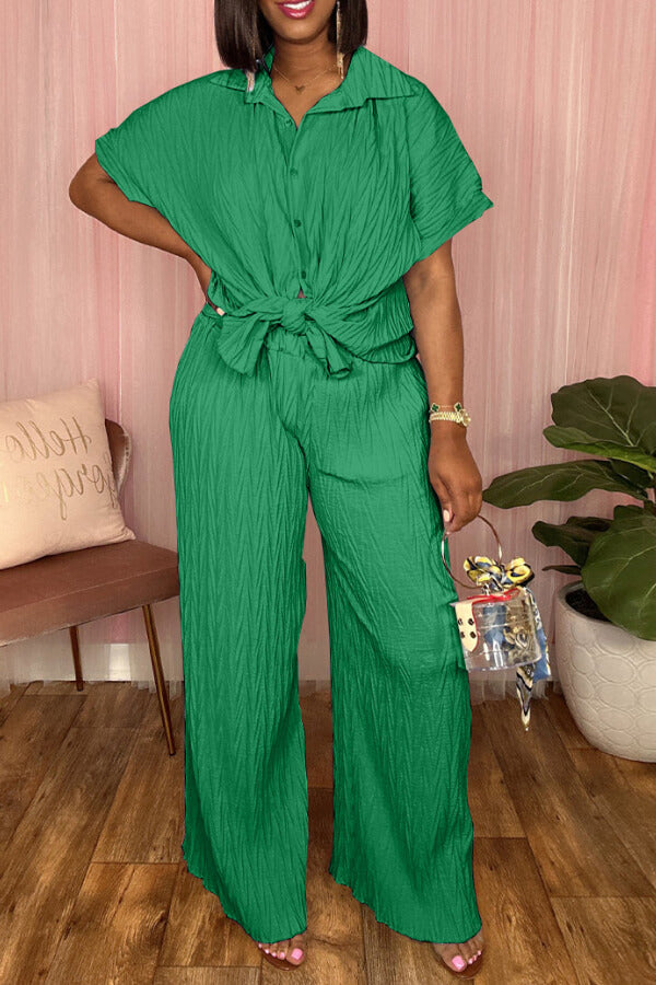 Short-sleeved shirt casual wide leg pants set - Fashionpara