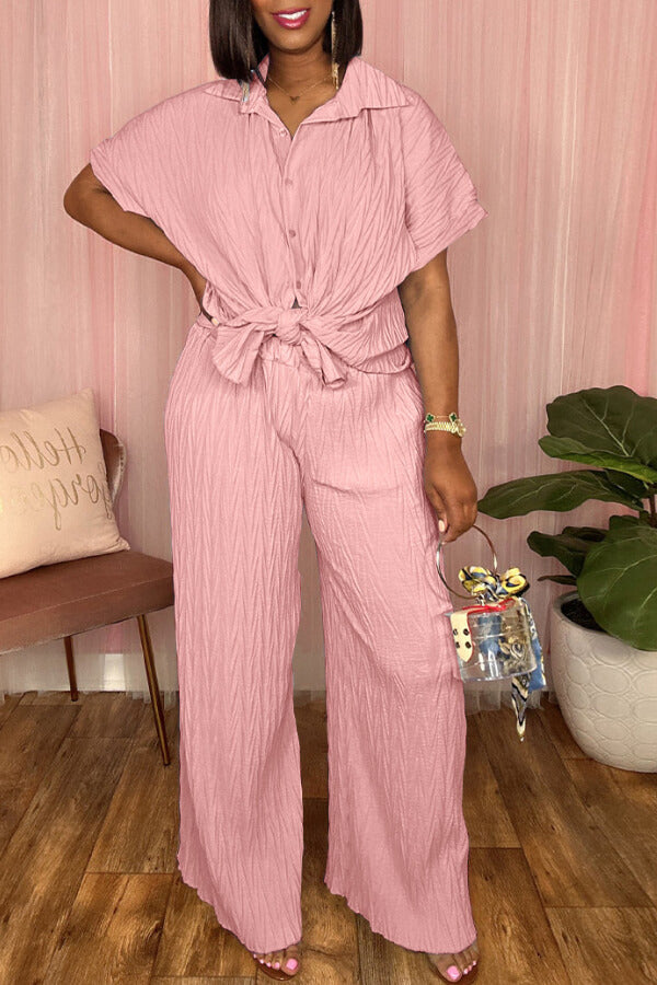 Short-sleeved shirt casual wide leg pants set - Fashionpara