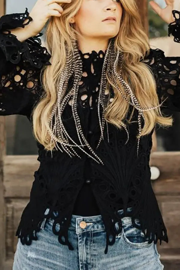 Hollow Lace Button Up Top - Fashionpara