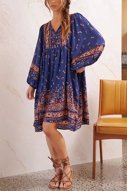 Boho Print Long Sleeve Mini Dress - Fashionpara