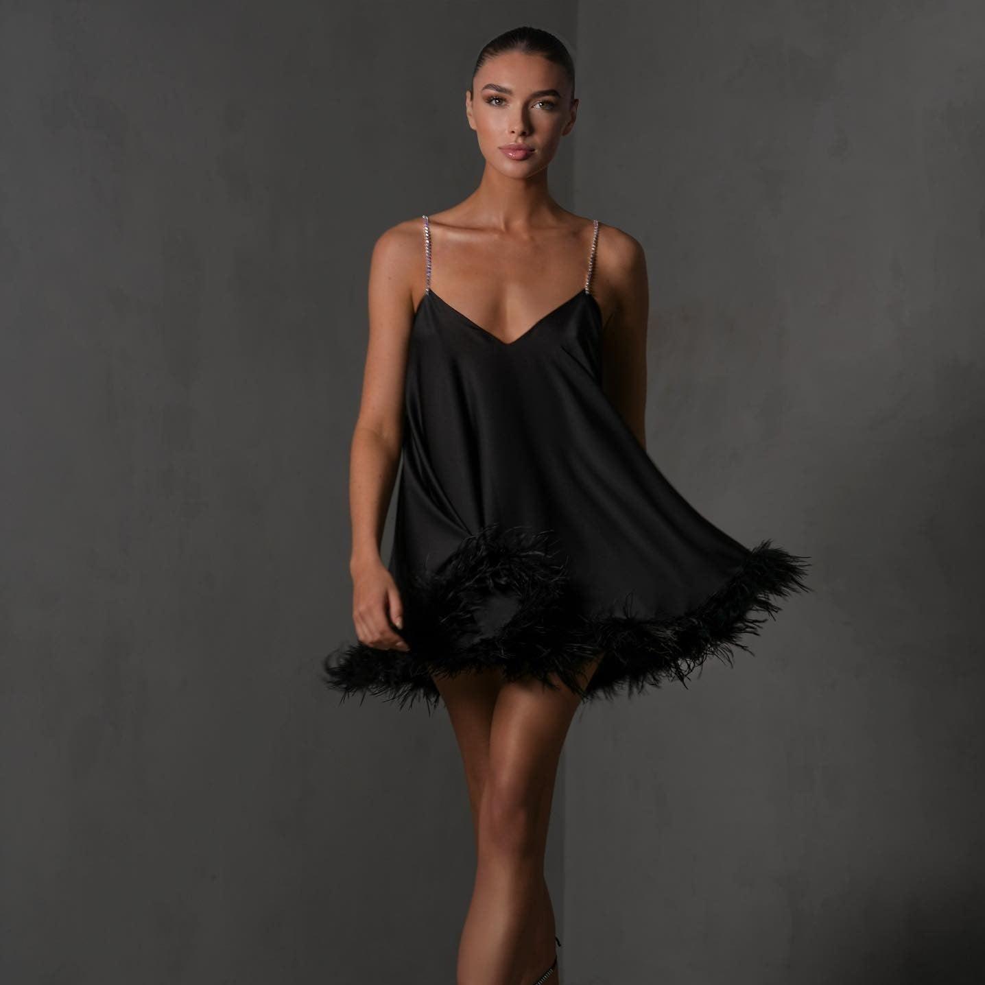 Silk Symphony Feather Trim Chain Strap Mini Dress - Fashionpara