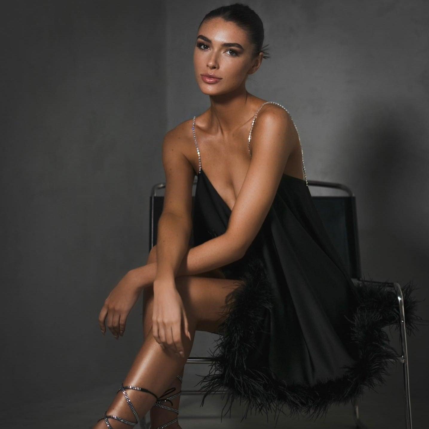 Silk Symphony Feather Trim Chain Strap Mini Dress - Fashionpara