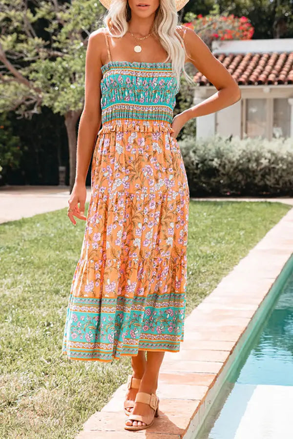 Floral Color Block Slip Midi Dress - Fashionpara