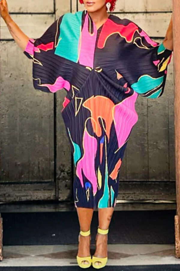 V-neck bat sleeve print dress - Fashionpara