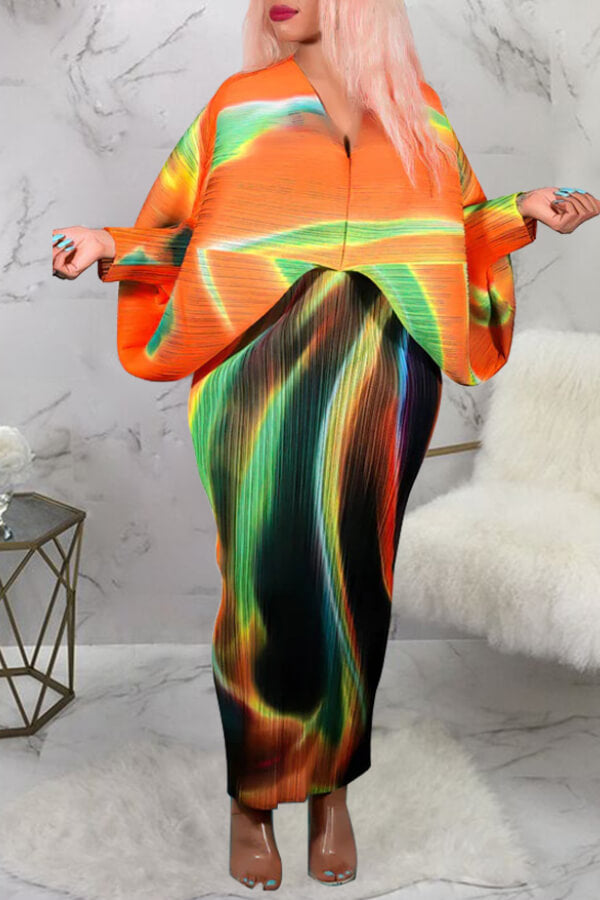 V-neck bat sleeve print dress - Fashionpara