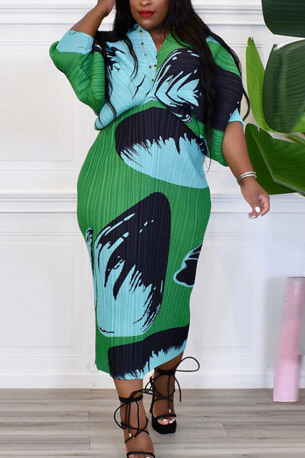 V-neck bat sleeve print dress - Fashionpara