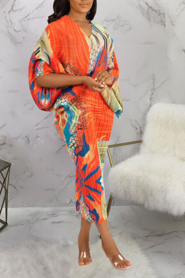 V-neck bat sleeve print dress - Fashionpara