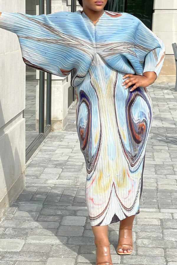 V-neck bat sleeve print dress - Fashionpara