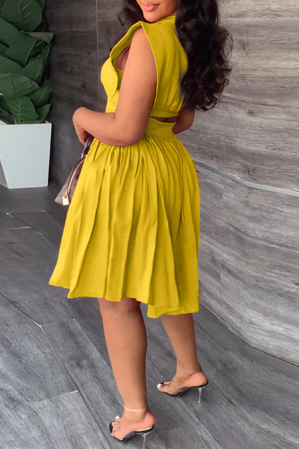 Waist Pleated Sleeveless Dress - Fashionpara