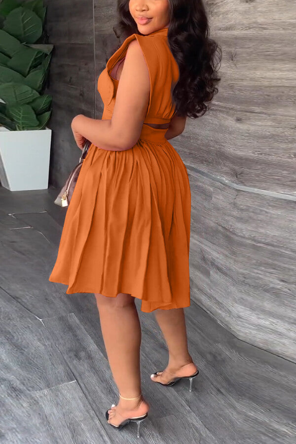 Waist Pleated Sleeveless Dress - Fashionpara