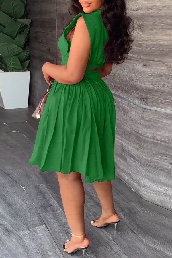 Waist Pleated Sleeveless Dress - Fashionpara