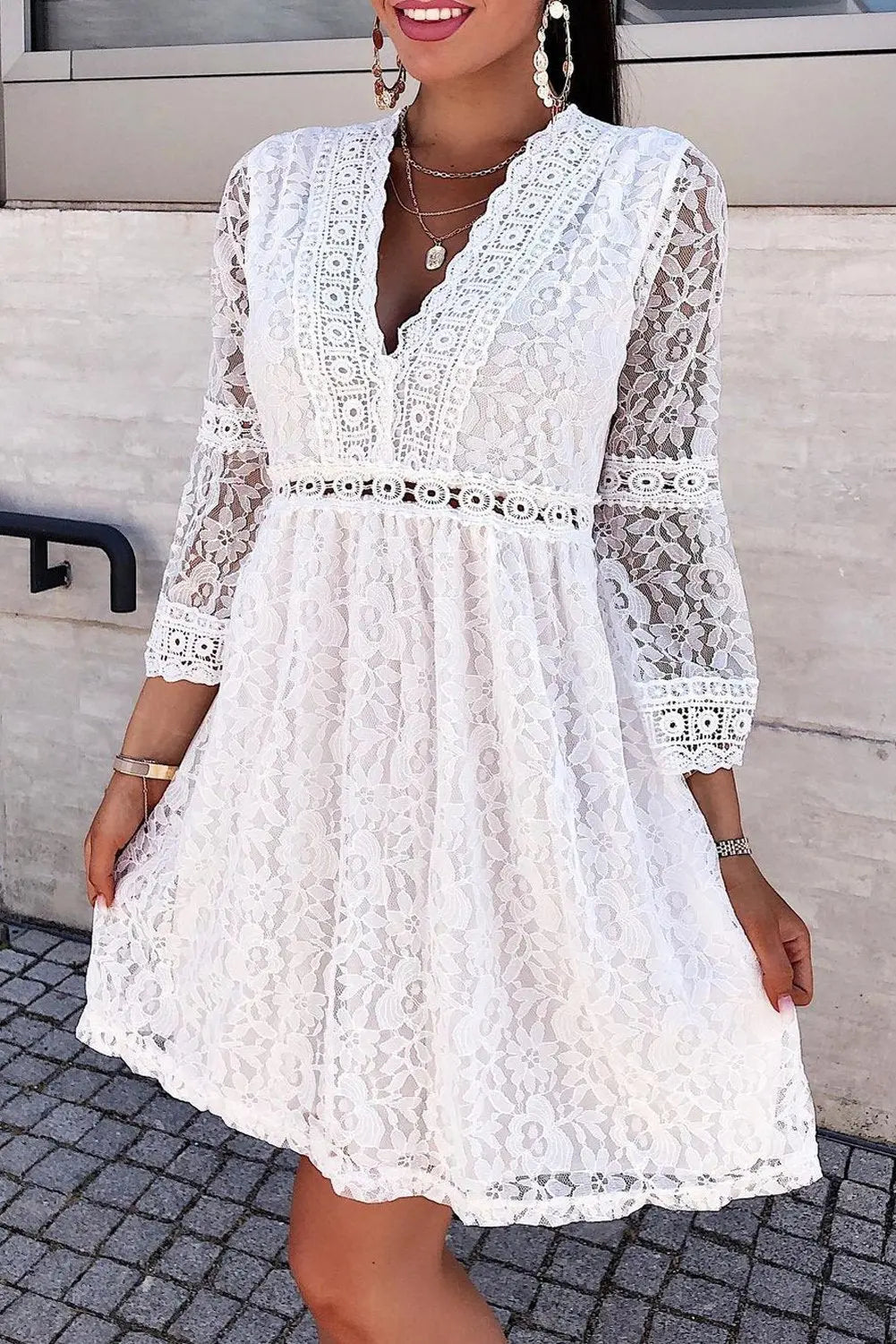 See Though Flares Sleeve V Neck Mini Dress - Fashionpara