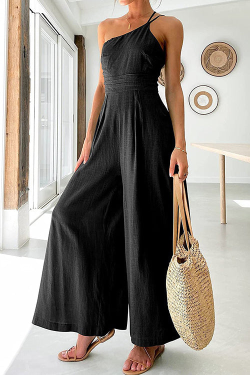 One Shoulder Straps Wide Leg Jumpsuits - Fashionpara