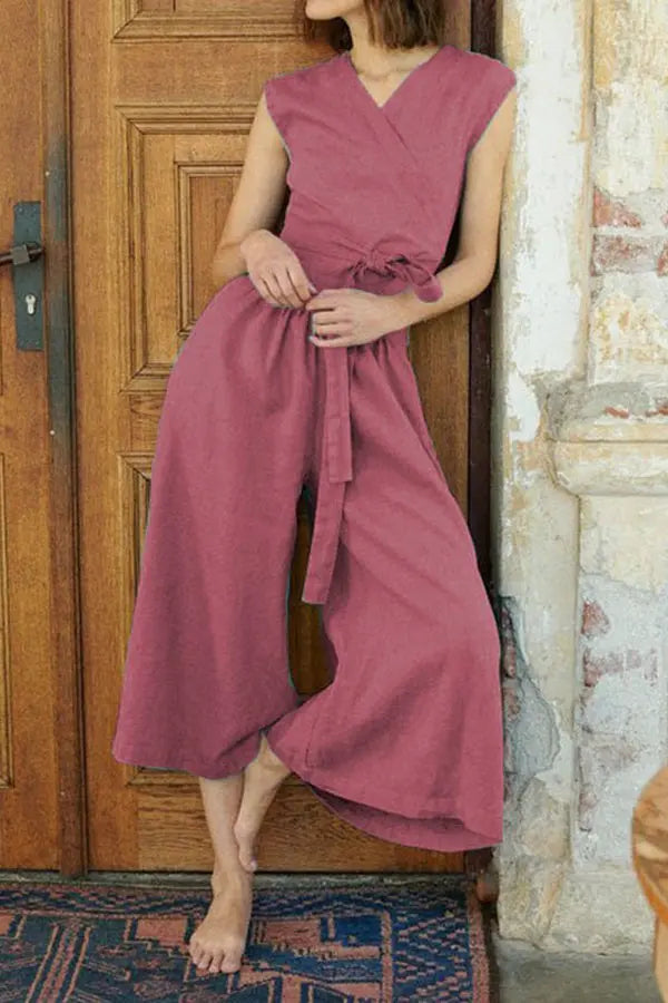 V Neck Tie Tank Top Flared Pants Set - Fashionpara