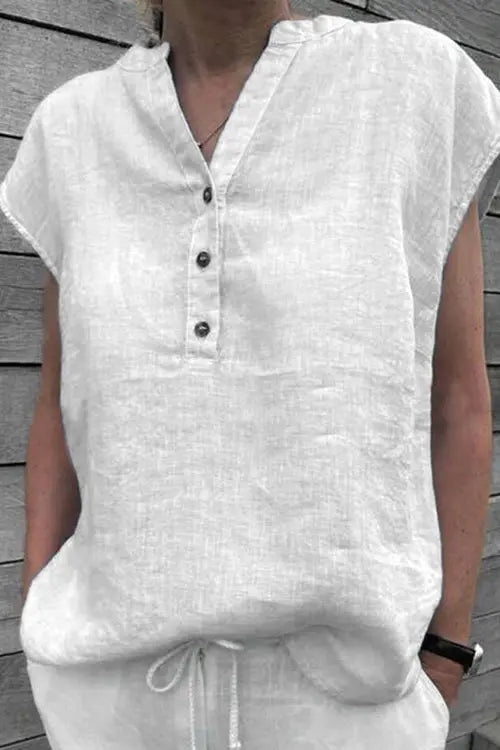 Cap Sleeve Button Loose Blouse - Fashionpara