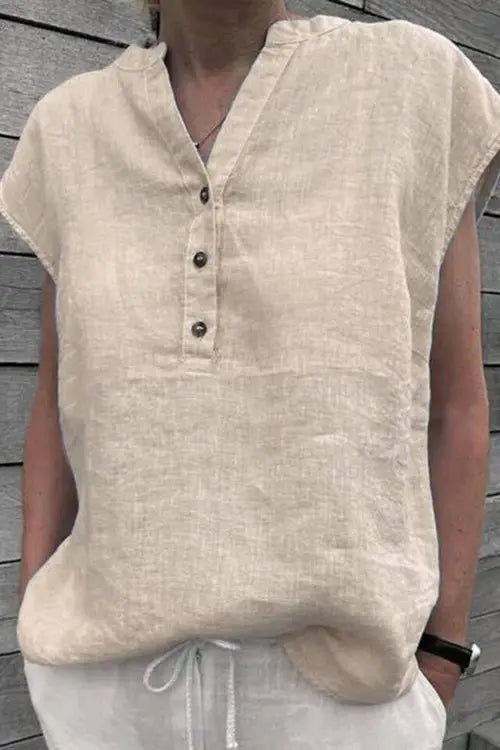 Cap Sleeve Button Loose Blouse - Fashionpara