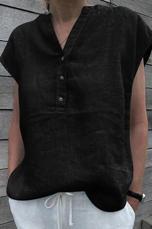 Cap Sleeve Button Loose Blouse - Fashionpara