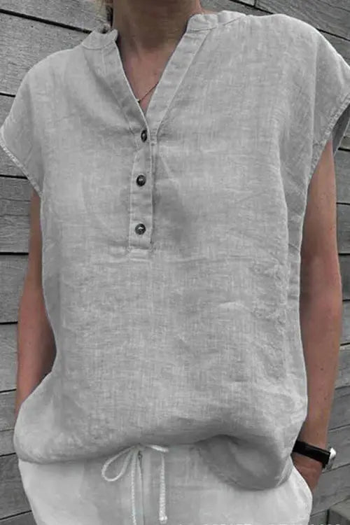 Cap Sleeve Button Loose Blouse - Fashionpara