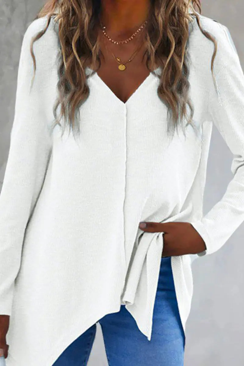 V Neck Irregular Long Sleeve T Shirt - Fashionpara