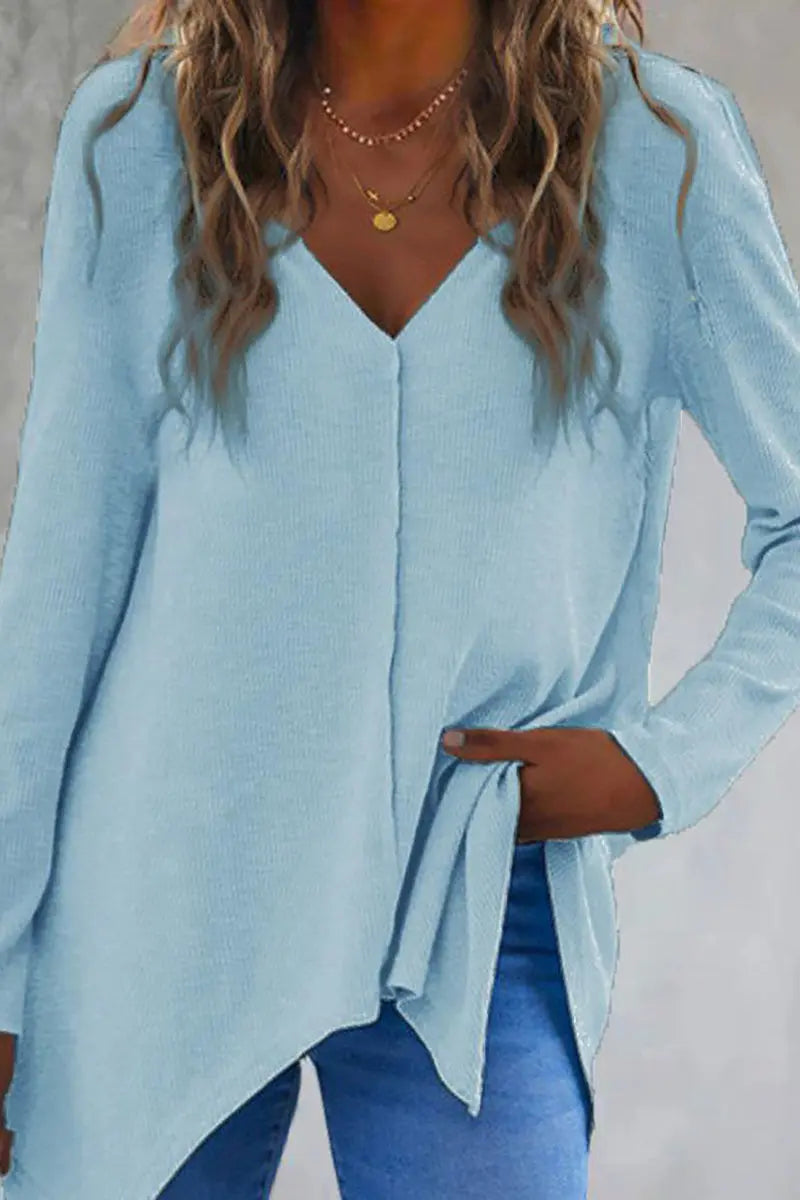 V Neck Irregular Long Sleeve T Shirt - Fashionpara