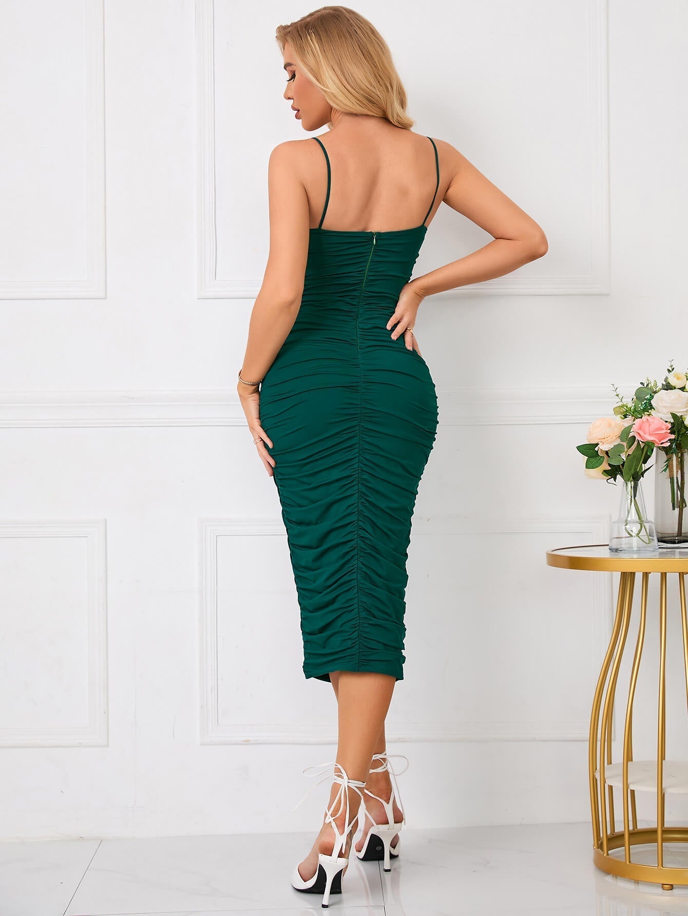 Zip Back Ruched Bodycon Midi Dress - Fashionpara