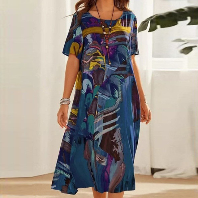 Abstract Art Print Short Sleeve Crew Neck Relaxed Fit Midi Dress - View 5