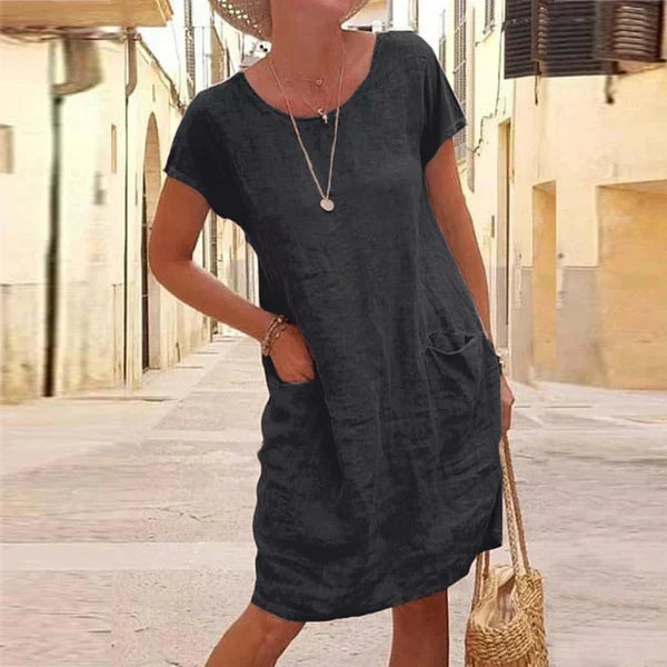 Round Neck Short Sleeve Patch Pocket Shift Mini Dress