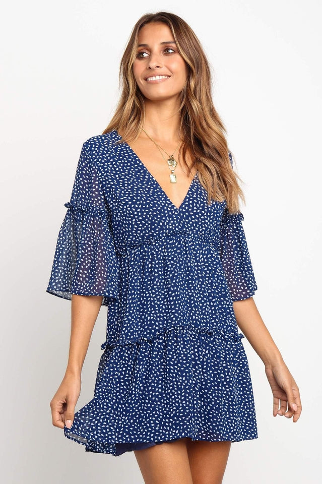 V-Neck Polka Dot Boho Mini Dress