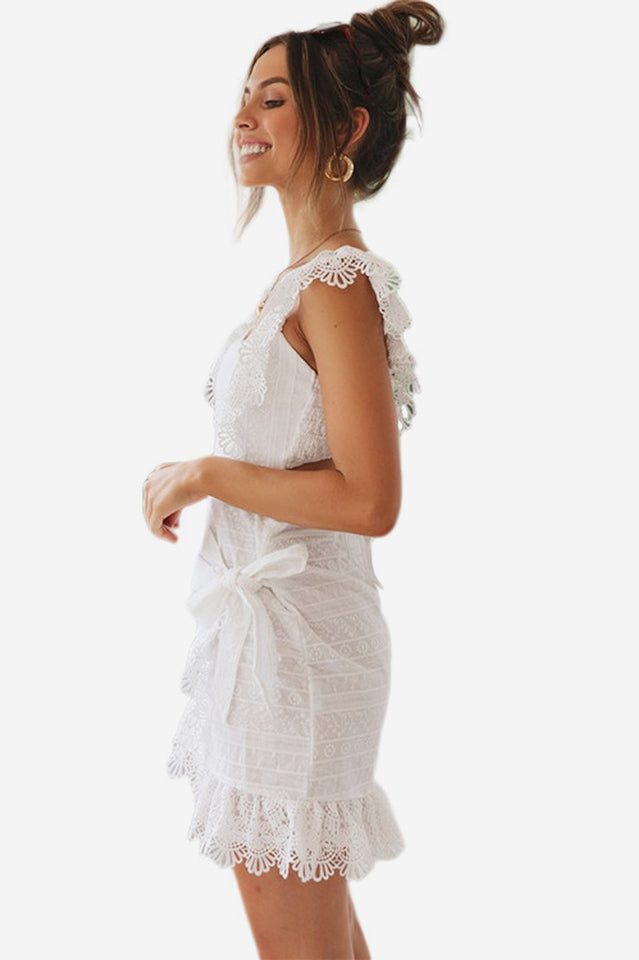 Boho Lace Ruffle Mini Beach Dress