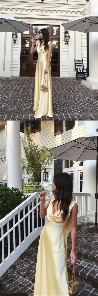 Gorgeous A Line V Neckline Yellow Floor Length Evening Dress Prom Dresses SD2428