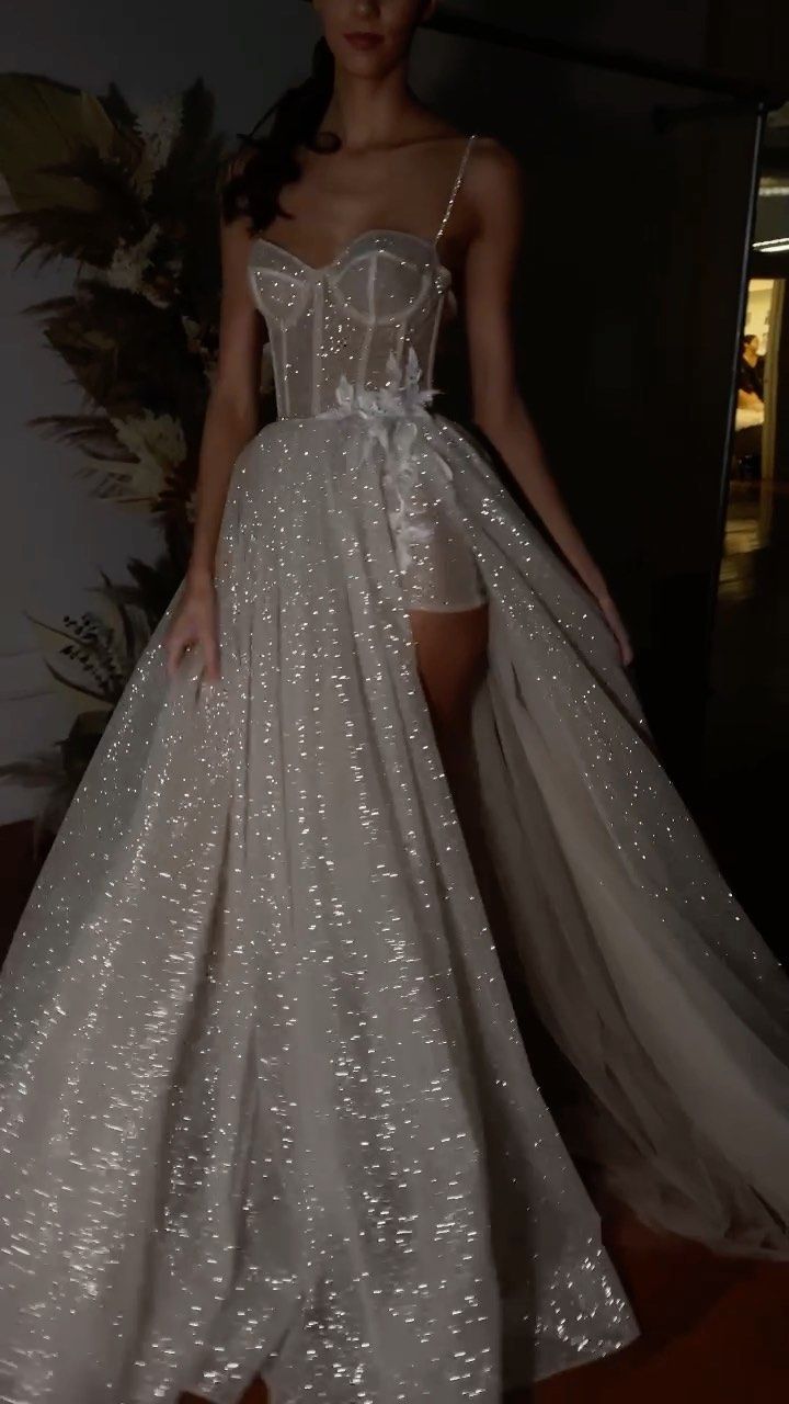 A Line Spaghetti Straps Sparkly Bohemian Wedding Dress