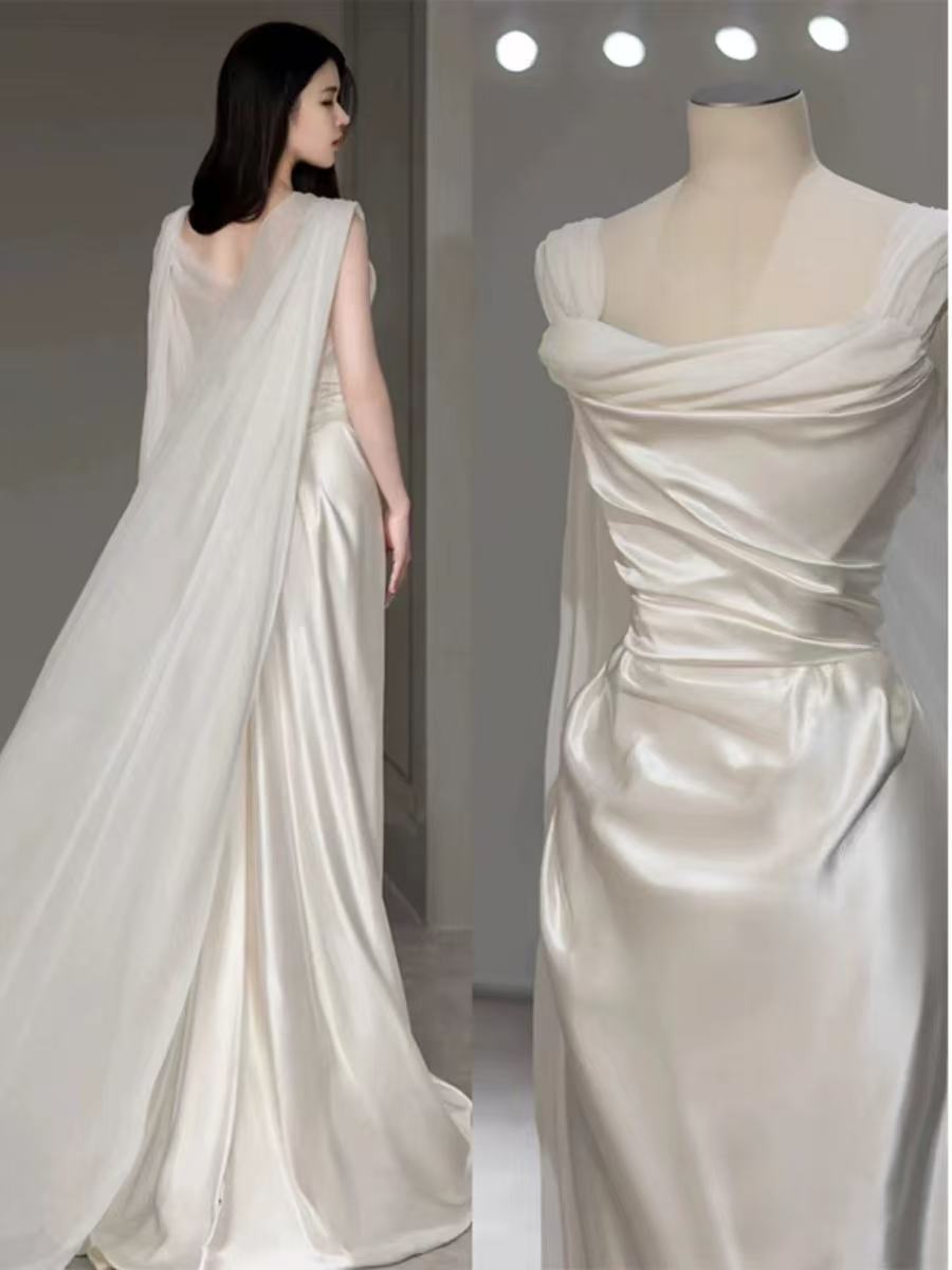 White Satin Pleats Straps Wedding Dress