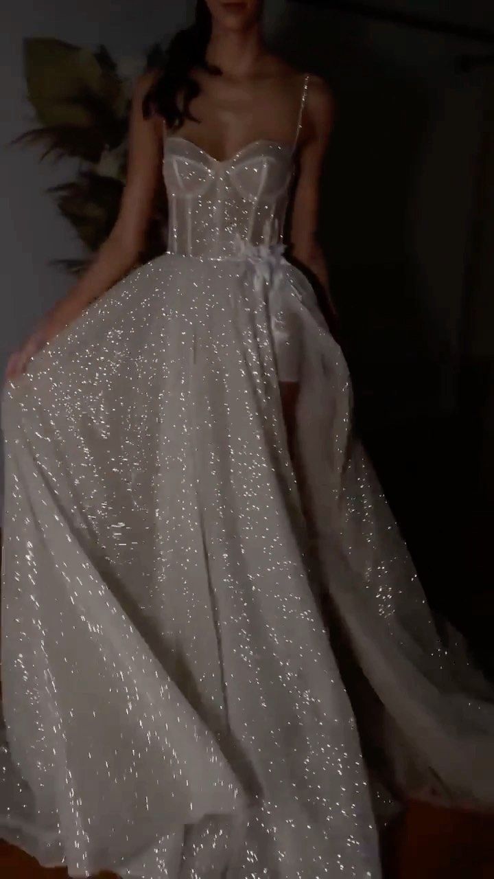 A Line Spaghetti Straps Sparkly Bohemian Wedding Dress