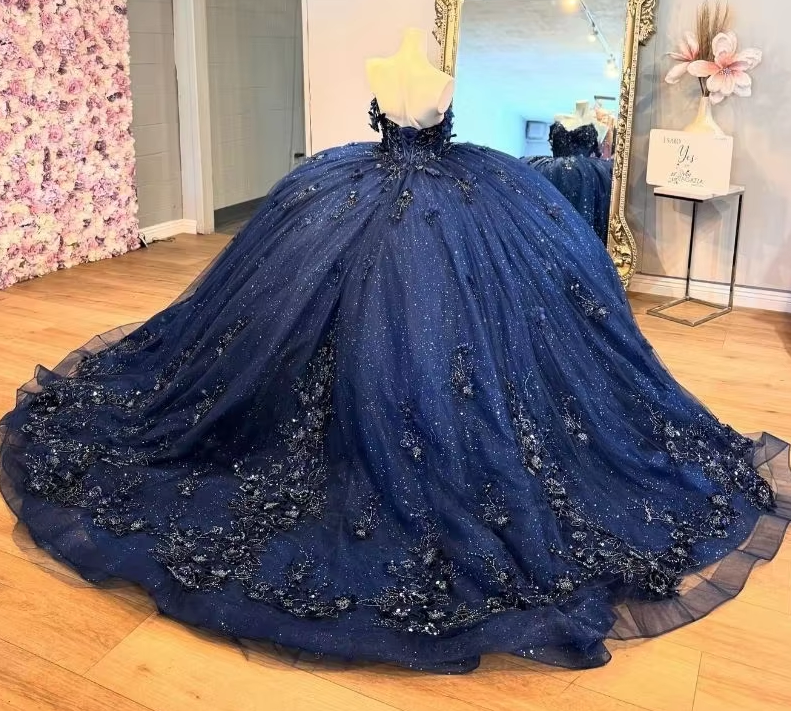 Navy Blue Mexican Quinceanera Dress Floral Applique Beaded Crystal Corset Sweet 16 Dress - Fashionpara