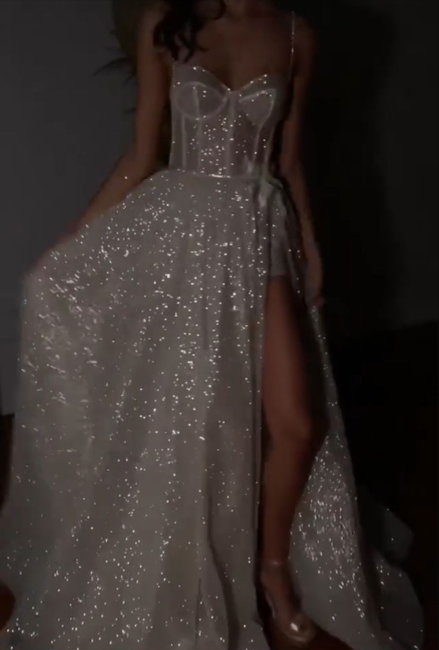 A Line Spaghetti Straps Sparkly Bohemian Wedding Dress