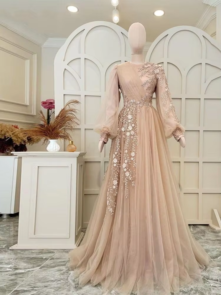 Elegant evening dress tulle muslim dress, wedding guest dress, champagne special occasion dress