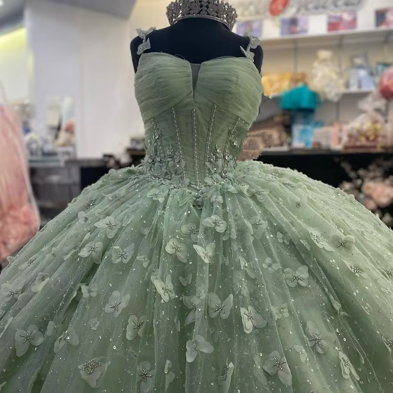 3D Butterfly Quinceanera Dresses Sage Green Ball Gowns with Crystal Corset - Fashionpara