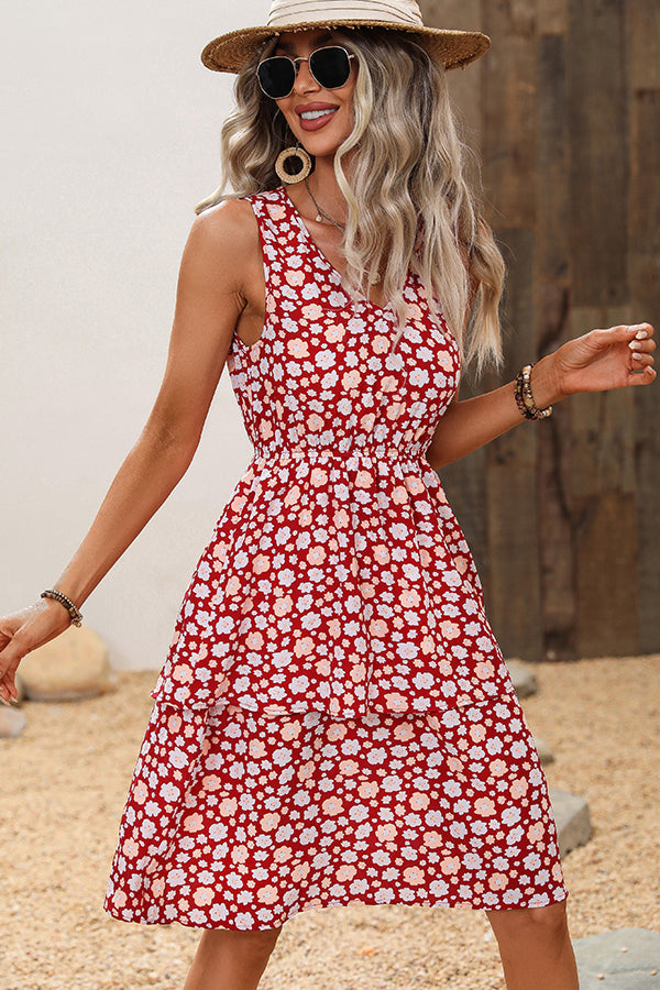 Floral Print Sleeveless Ruffled Dress