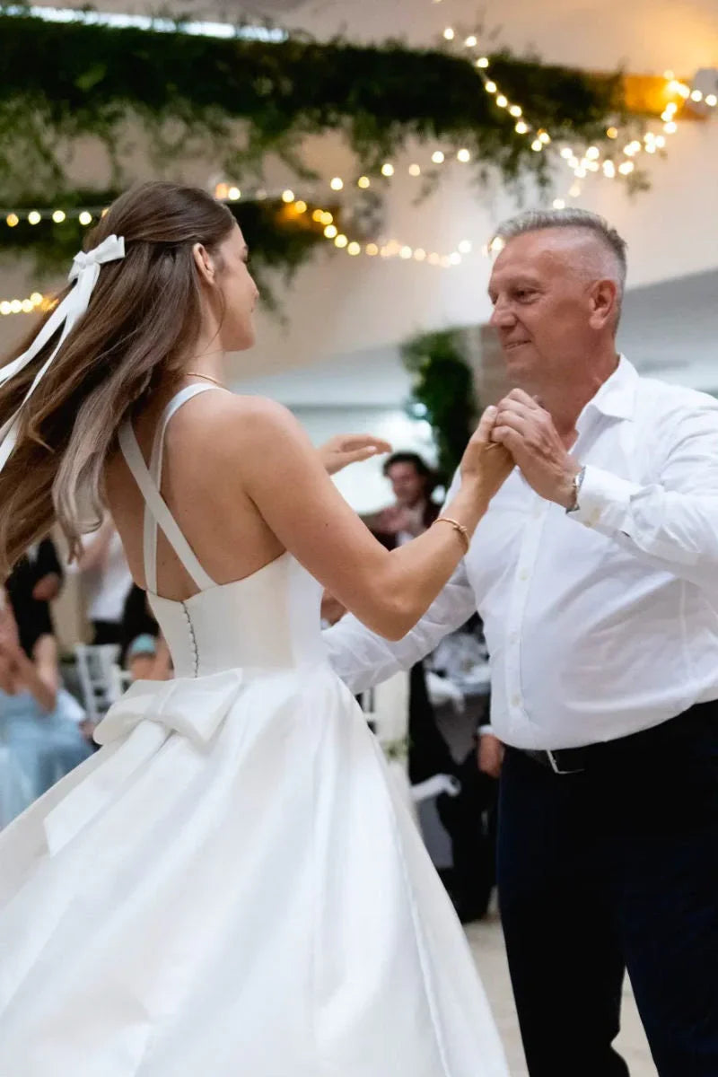 Satin Tulle Midi Wedding Dress, Simple Square Neckline Tea Length Formal Prom Dress