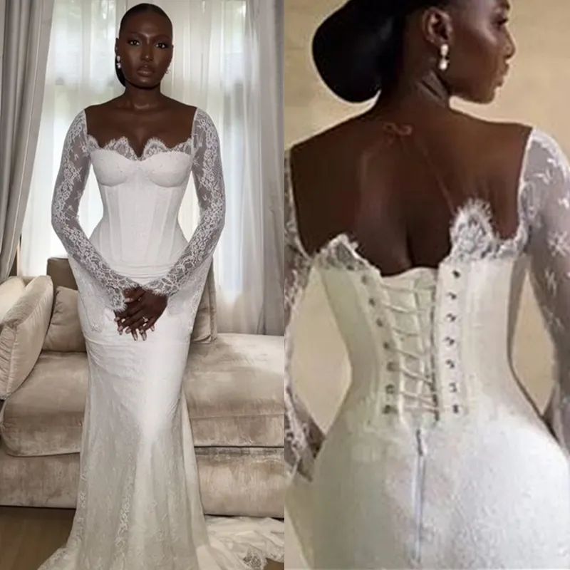 White Mermaid Wedding Dress Elegant African Lace Long Sleeves Bridal Gown