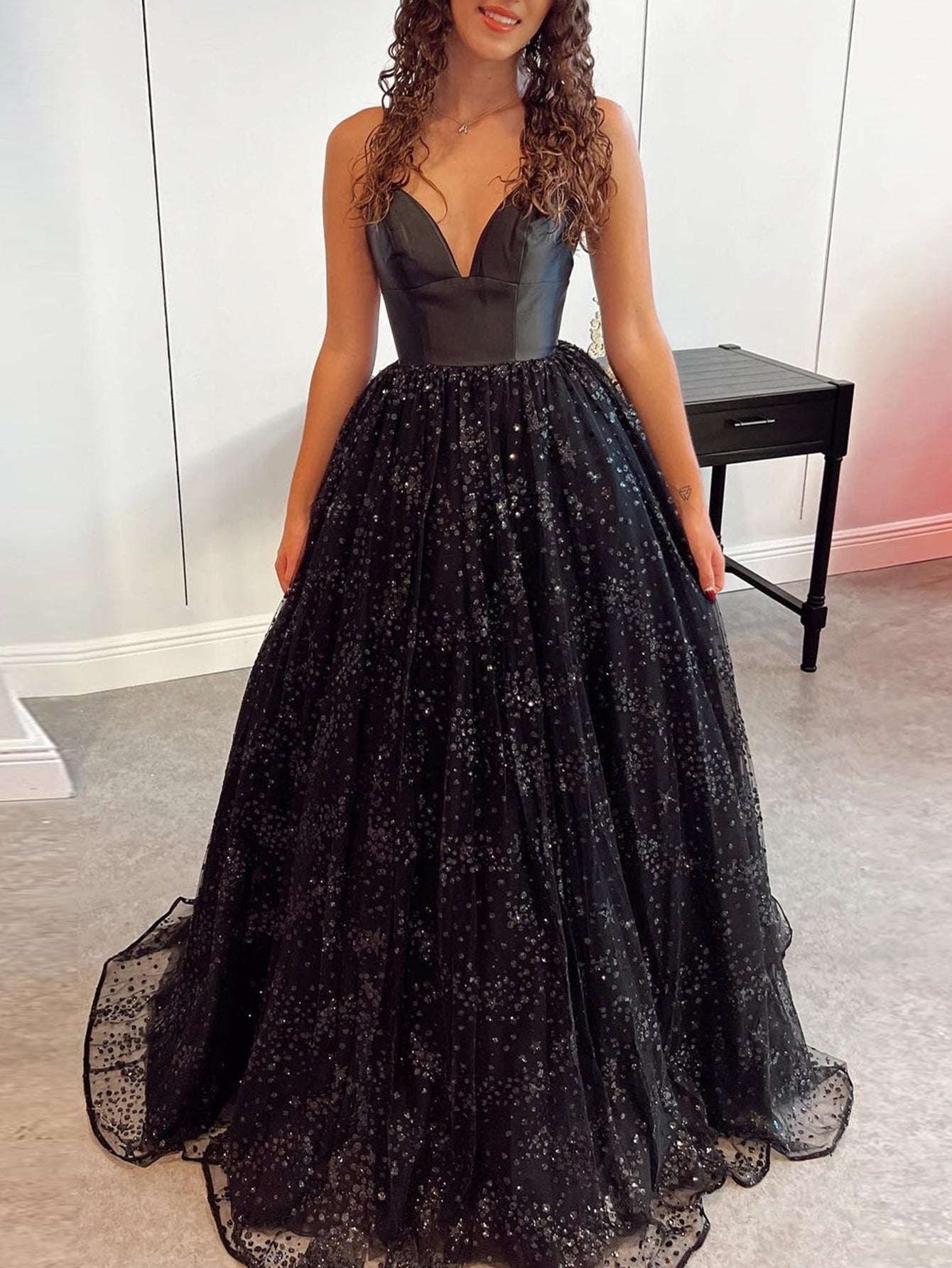 Black V Neck Glitter Tulle Long Prom Dress - Fashionpara