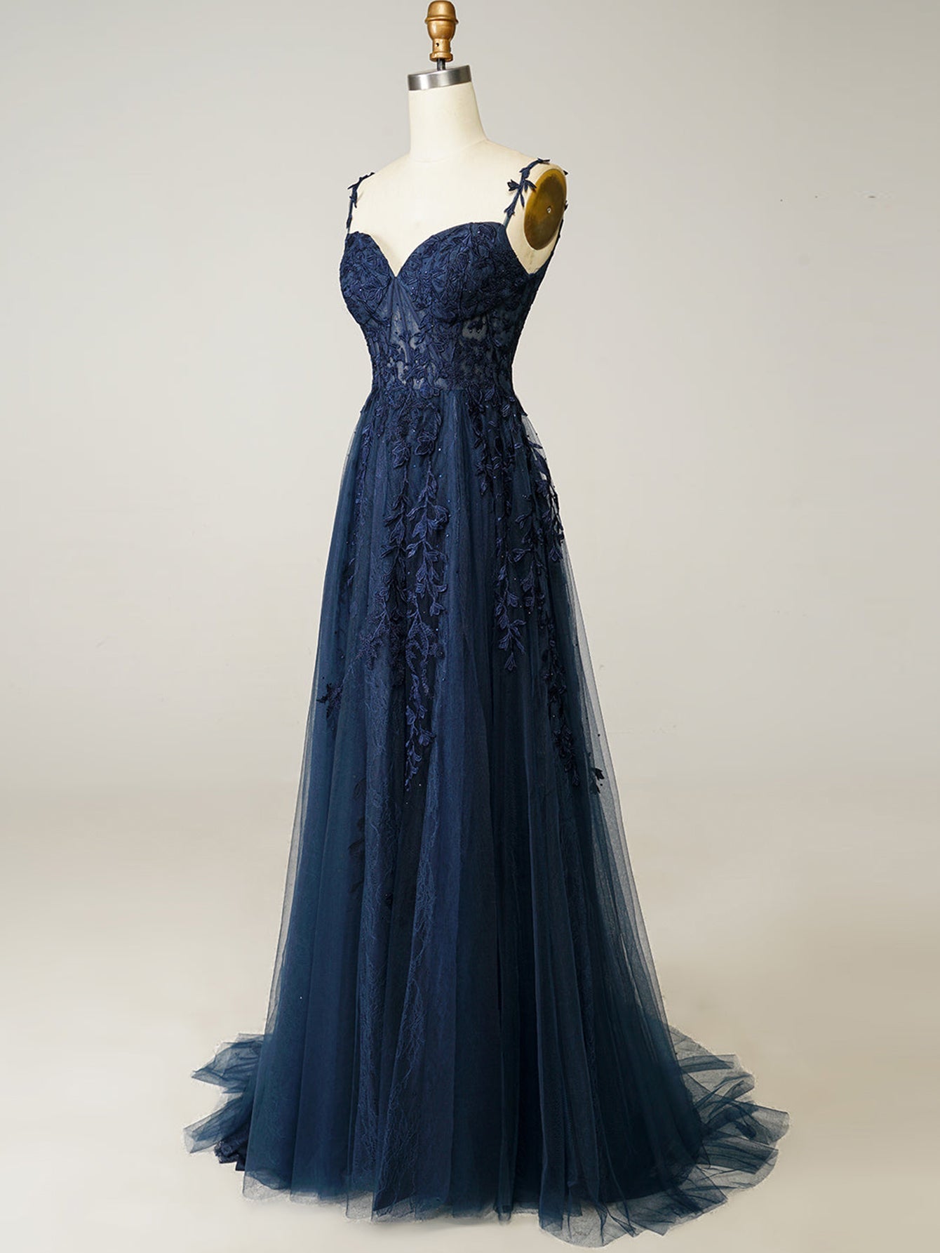 A Line Lilac Straps Lace Long Prom Dress