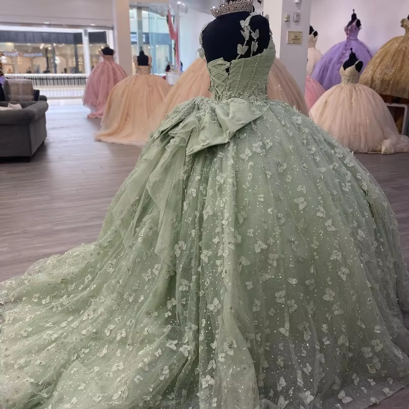3D Butterfly Quinceanera Dresses Sage Green Ball Gowns with Crystal Corset - Fashionpara
