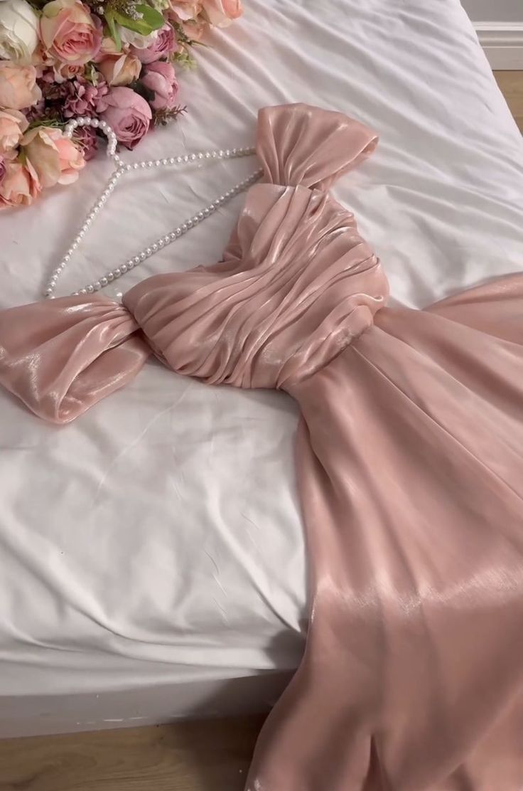 Modest A Line Strapless Silk Satin Long Pink Prom Dress Evening Gown - Fashionpara