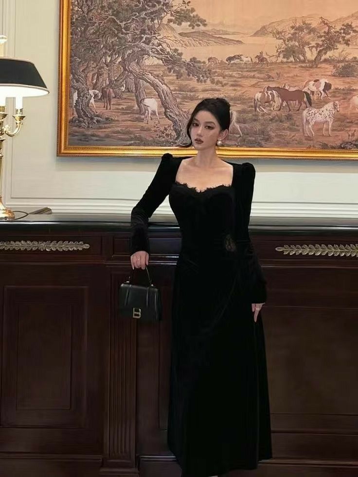 Vintage Balck Long Sleeve Dress Woman Elegant Fashion Velvet Prom Dresses - Fashionpara