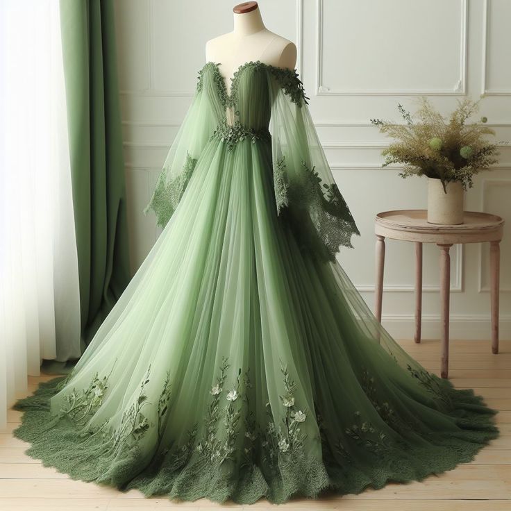 Green Off The Shoulder Wedding Dress Lace Applique V-Neck Tulle Bridal Gown