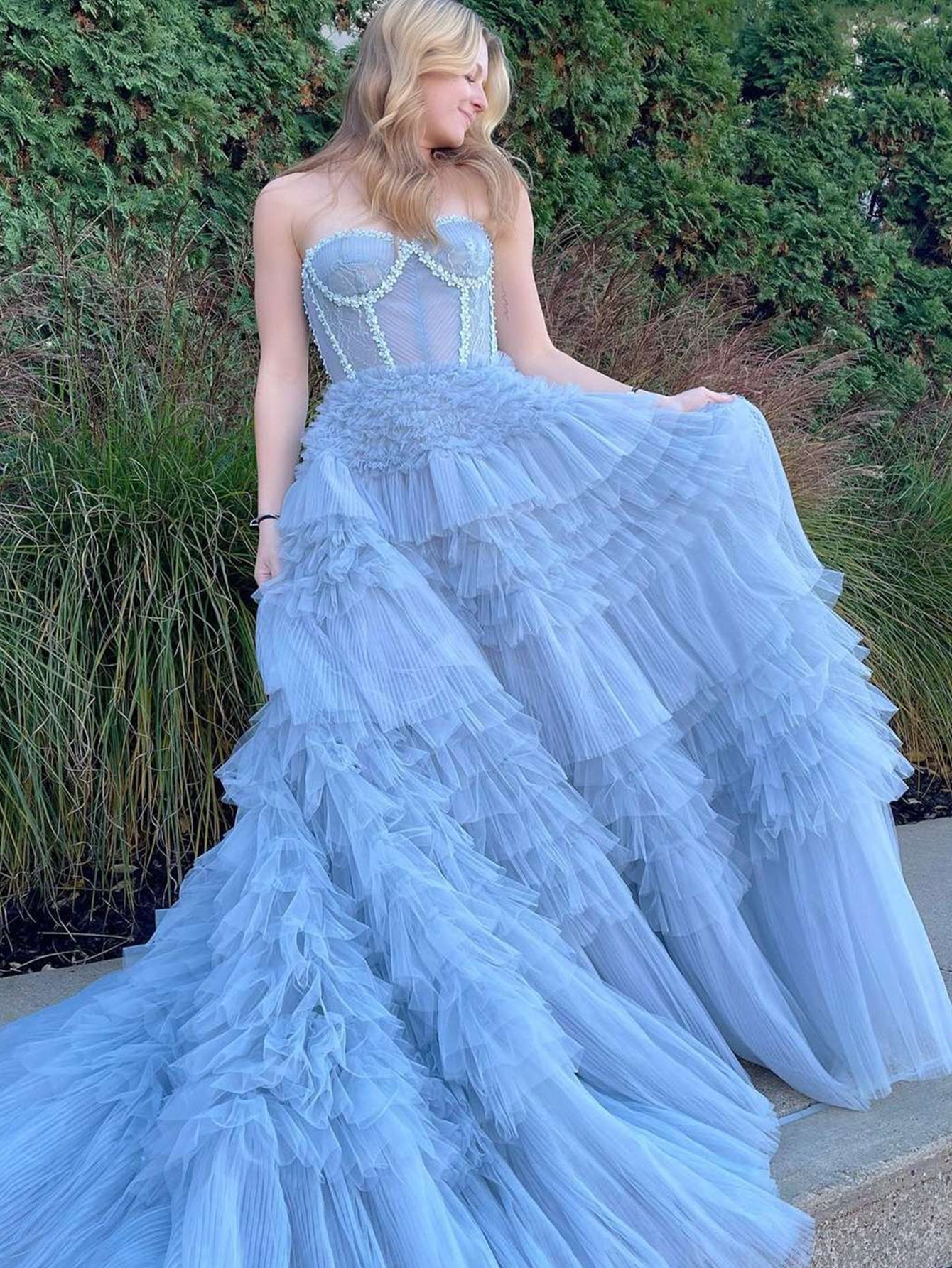 Blue A-Line Strapless Tiered Long Prom Dress - Fashionpara