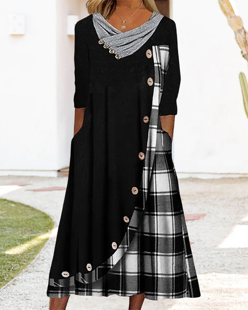 Asymmetric Plaid Panel Cowl Neck Button Front Pocket Midi Dress - View 6