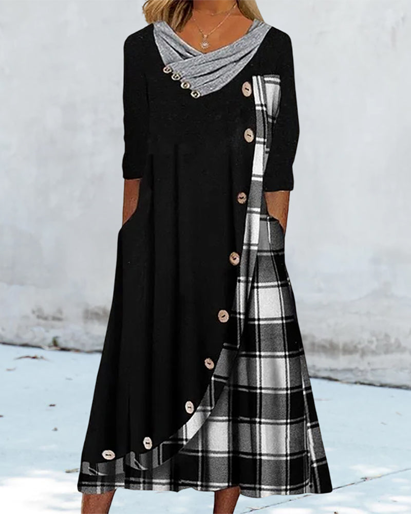 Asymmetric Plaid Panel Cowl Neck Button Front Pocket Midi Dress - View 7